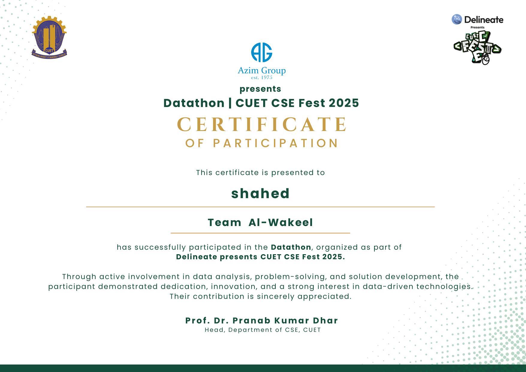 Certificate of Participation — Datathon — CUET CSE Fest 2025