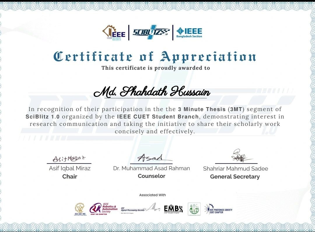 Certificate of Appreciation — 3 Minute Thesis (3MT) — SciBlitz 1.0