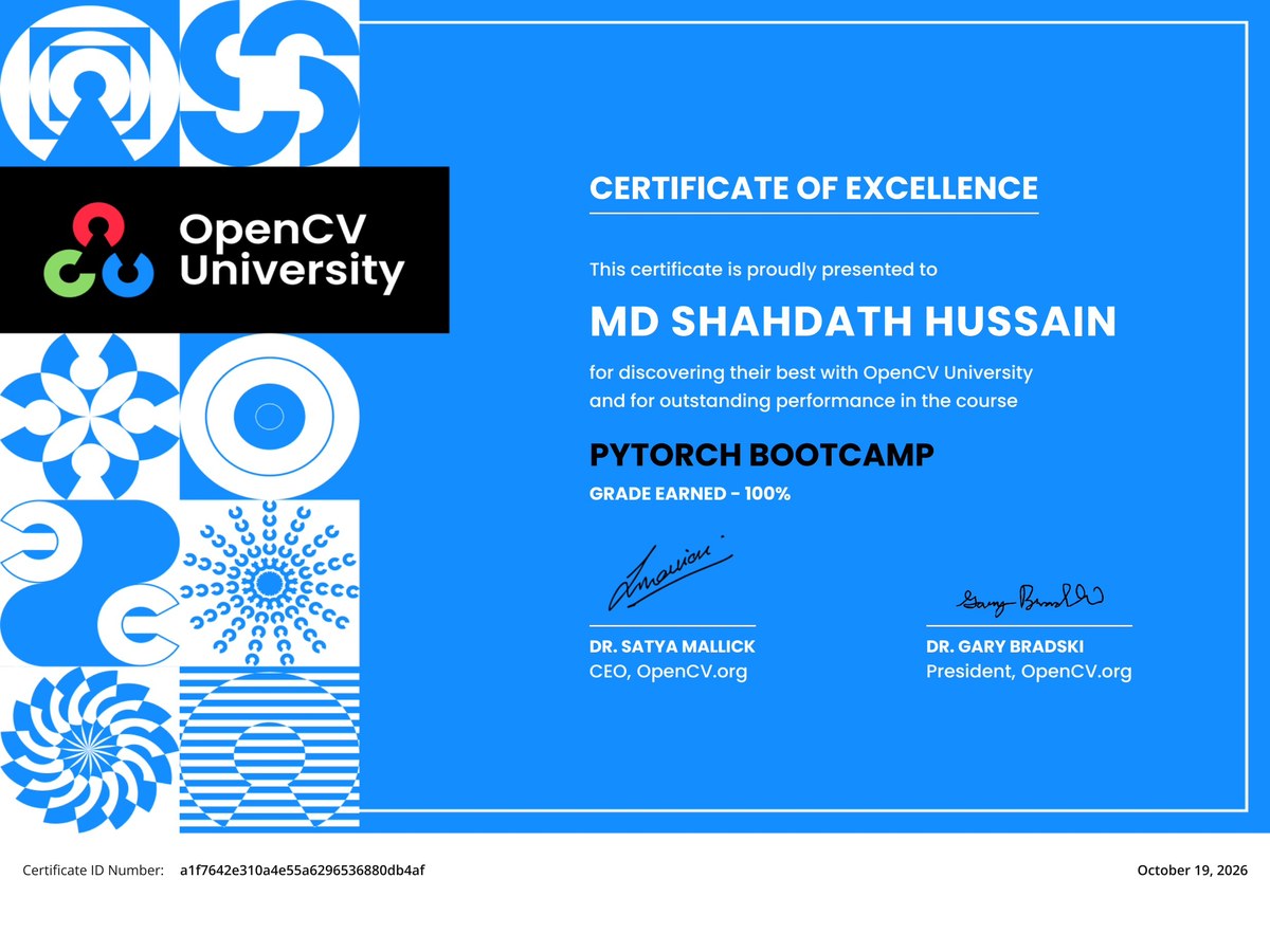 Certificate of Excellence — PyTorch Bootcamp